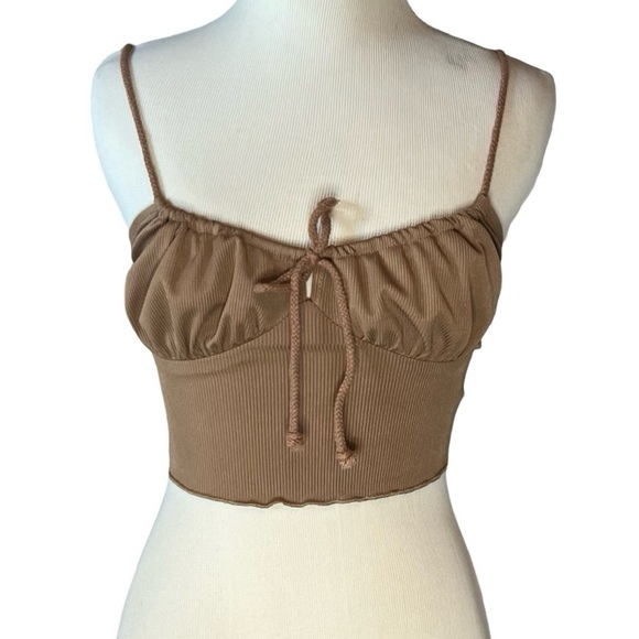 Shein Women’s Tan Ribbed Cottage Crop Top with Ruffle Hem - Picture 4 of 9